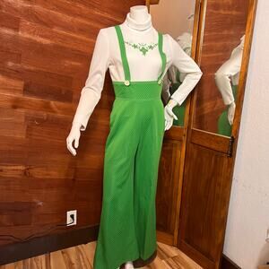 VINTAGE 70s Green Overall Jumpsuit Size 4 Hippie Retro Embroidered Turtleneck